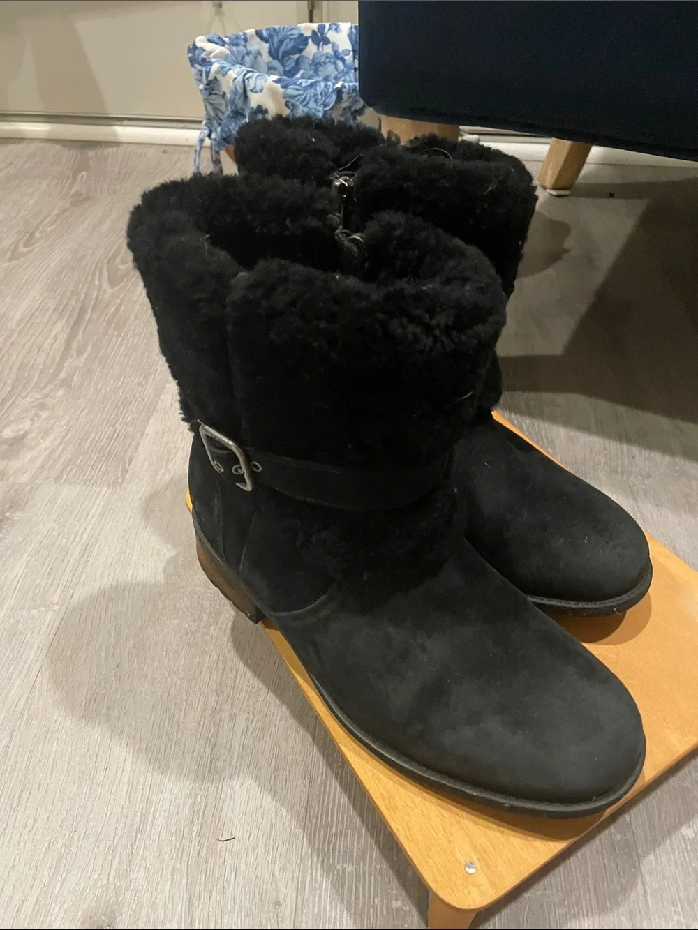 UGG Black Suede Shearling-Lined Mid-Calf Boots with Buckle Accent